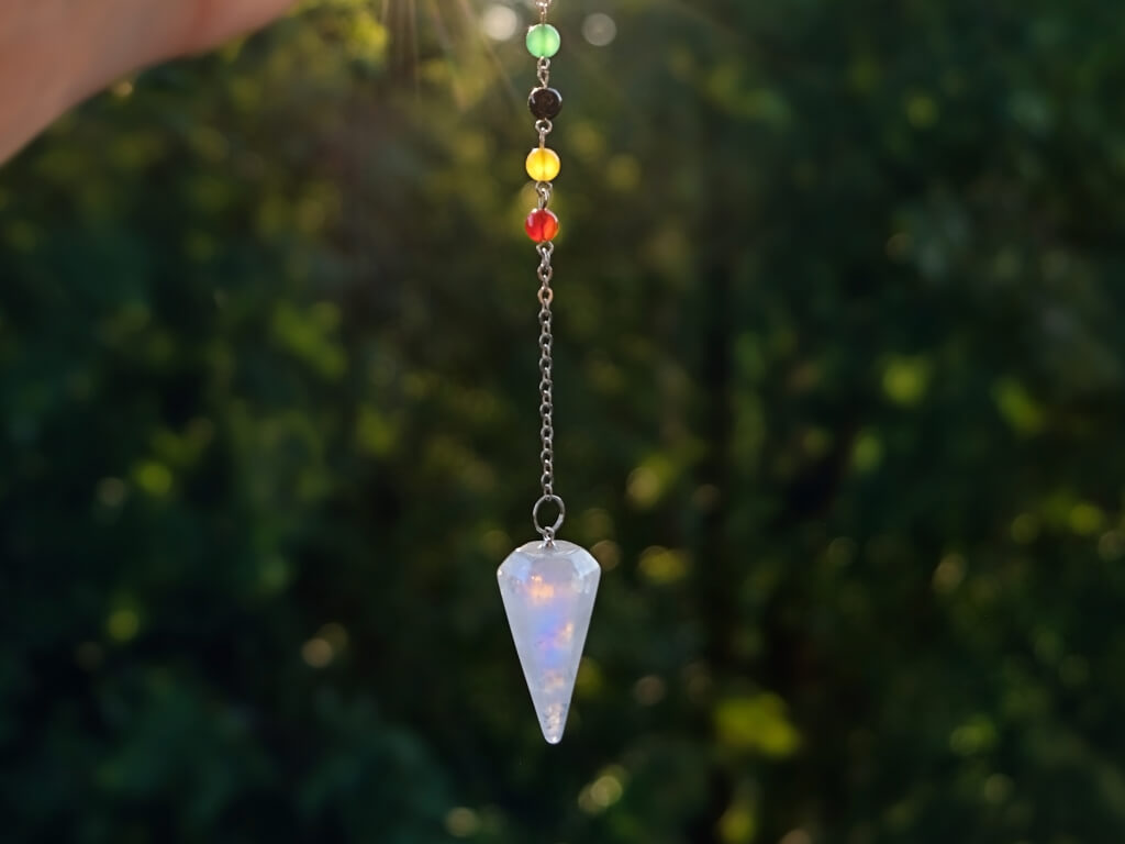 Dowsing crystal on chain with colorful glass beads