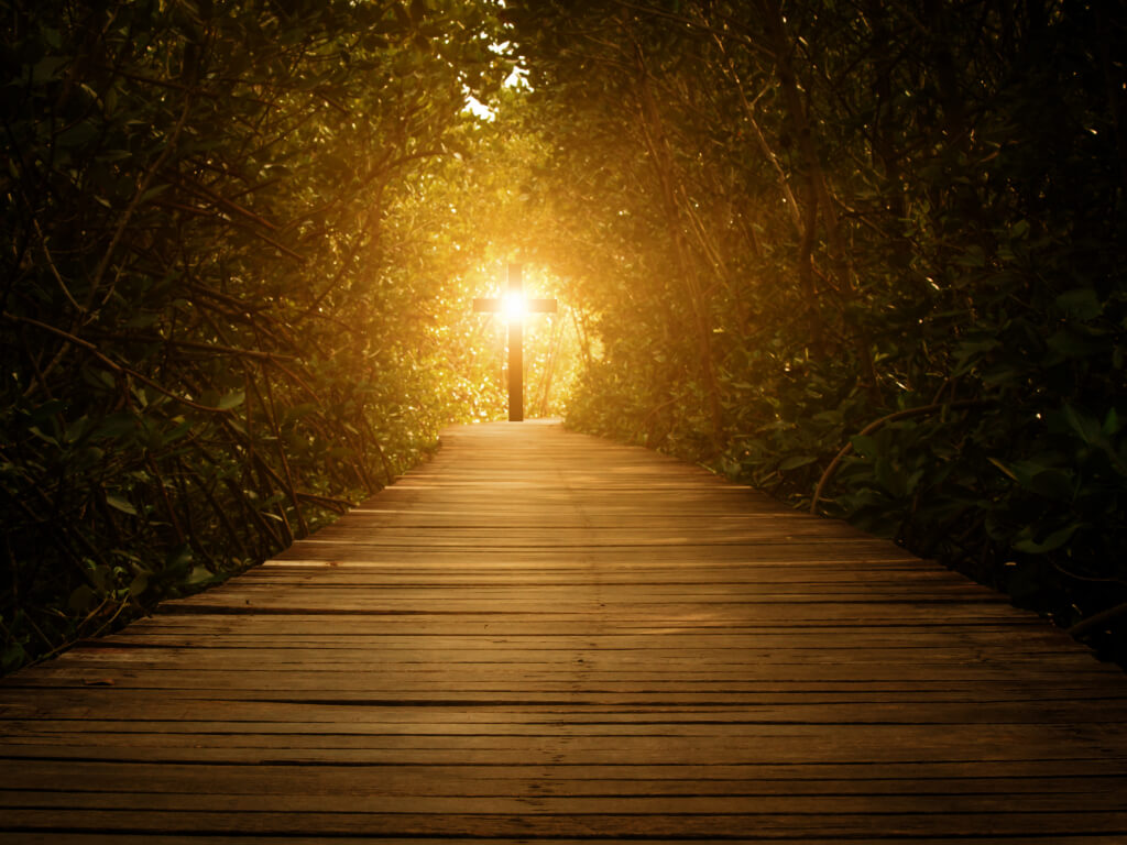 Sun-lit cross at the end of a forest covered wooden path with